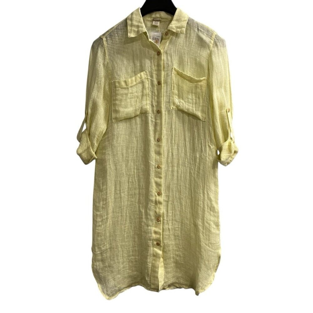 Magaschoni Shirt Dress Yellow Linen Open Knit Button Down Size‎ XS Coastal Beach